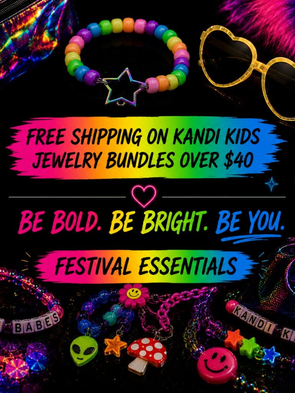 Free shipping on orders over $40 for rave festival kandi jewelry bundles!